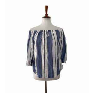 Young Fabulous & Broke 3/4 Sleeve Striped Off the Shoulder Top Blue White Medium